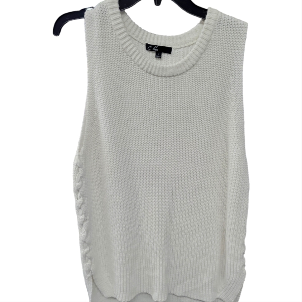 C. Luce White Sleeveless Sweater with Braided sides. SIZE Large